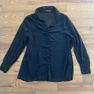 Boohoo Black Sheer Heart Print Button Up Blouse | Long Sleeve Collared Top Sz 12